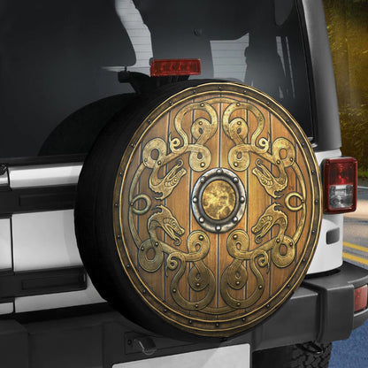 Petthouse | Viking Dragon Gold Shield Spare Tire Cover Old Wooden Viking Shield Sigurd Snake Viking Pattern