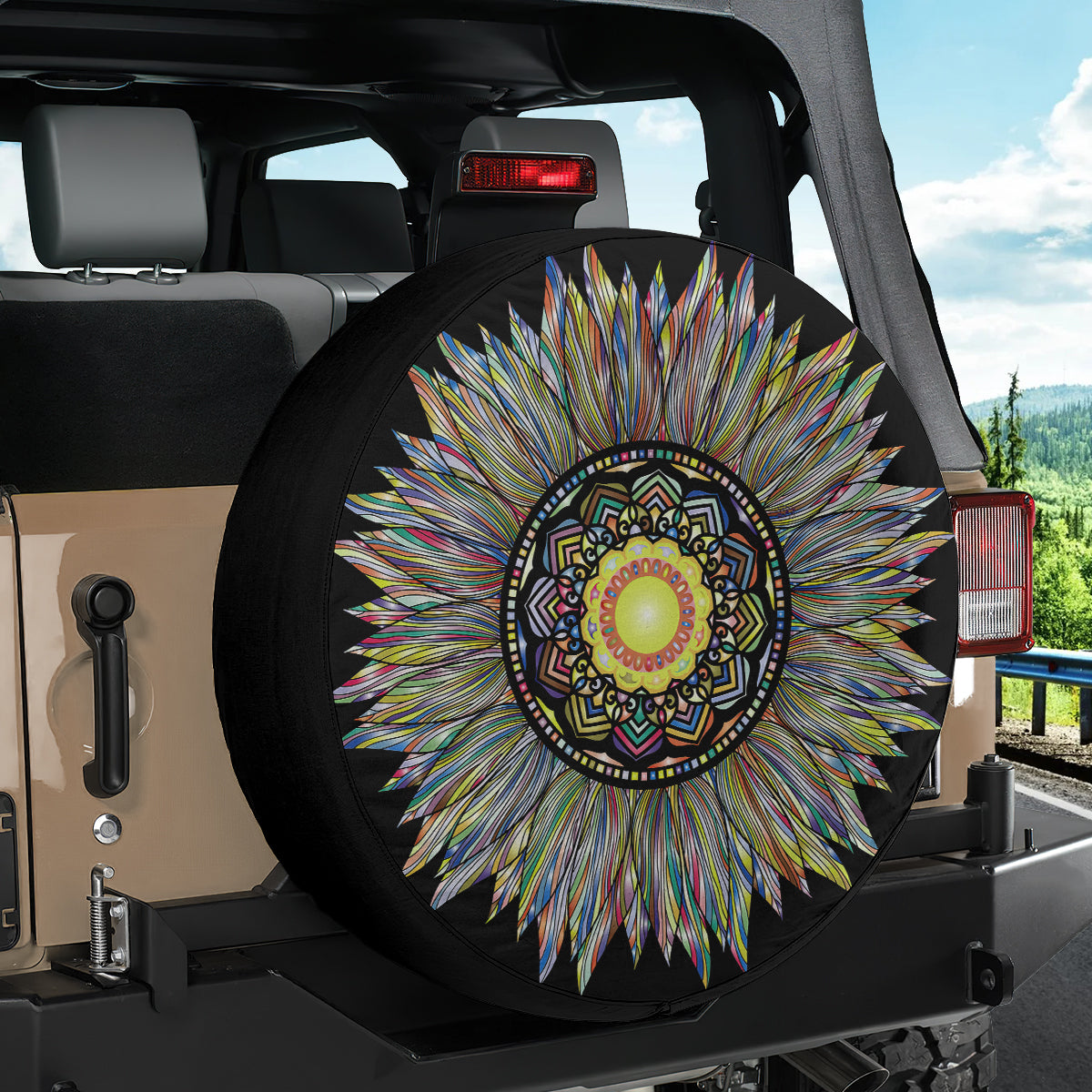 Petthouse | Sunflower Mandala Spare Tire Cover Prismatic Sunflower Tire Wheel Protector Psychedelic