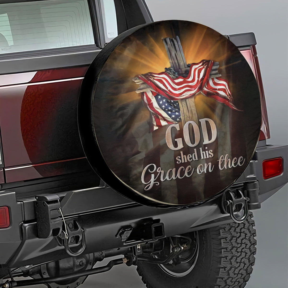 Petthouse | Cross American Flag Spare Tire Cover God Shed His Grace On Thee Wheel Cover Waterproof