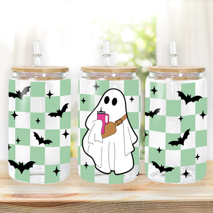 Petthouse | Ghost Halloween Glass Can, Spooky Vibes checkerboard Ghost Glass, Checkered Ghost Coffee