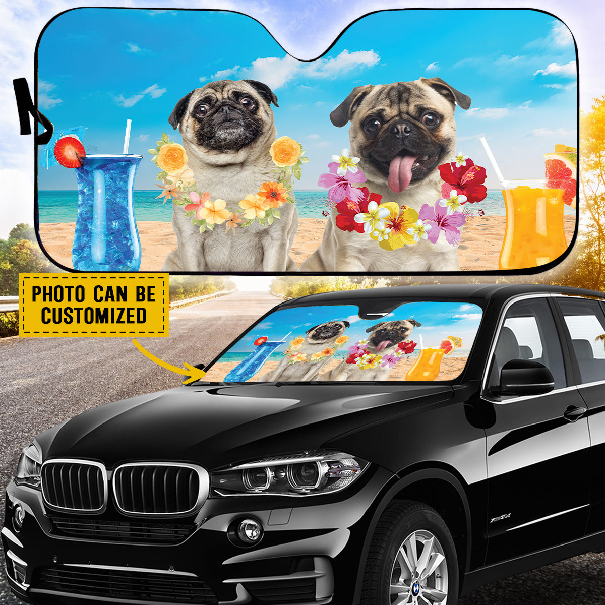 Petthouse | Pug Dog Summer Vacation Windshield Sun Shade Personalized Photo Windshield Cover For Dog Mom