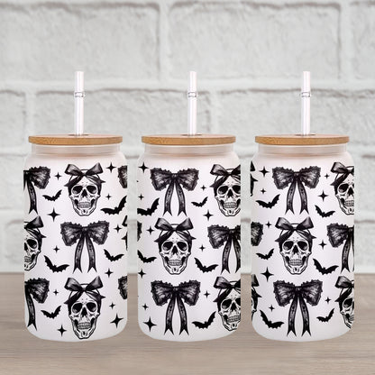 Petthouse | Halloween Skull Black Bow Glass Can, Retro Halloween Glass Can, Halloween Spooky Season Glass