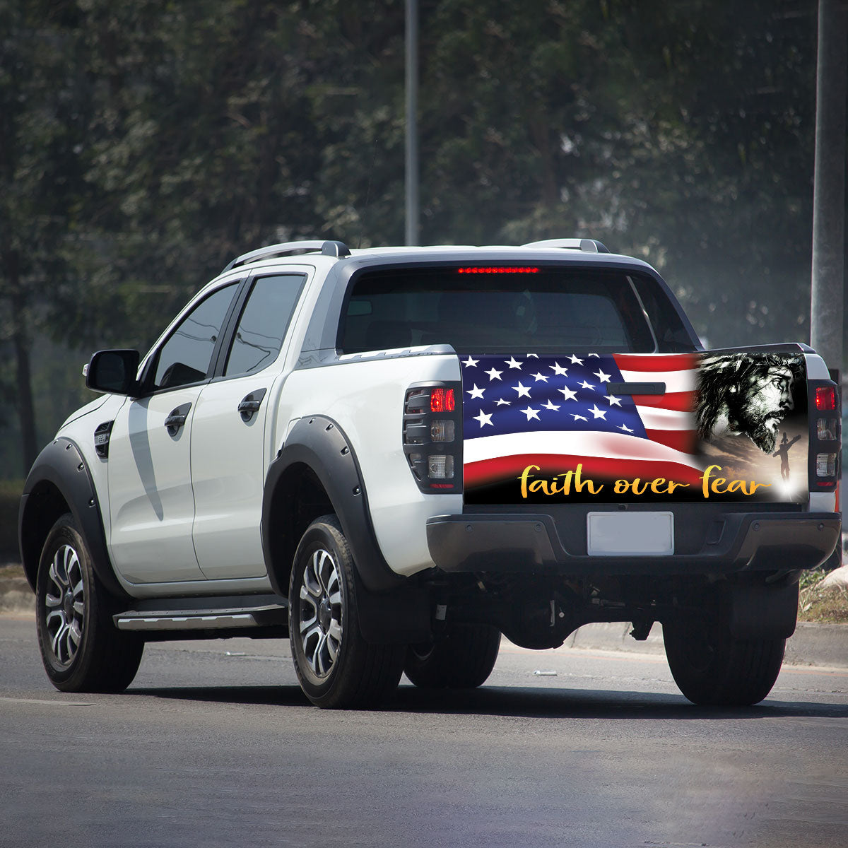 Petthouse | Faith Over Fear Tailgate Wrap American Flag Tailgate Vinyl American Religious Tailgate Sticker