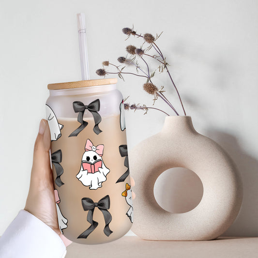 Petthouse | Chic Halloween Ghost Glass Cup, Spooky Halloween Ghost Cup, Ghost Ice Coffee Cup, Halloween Gift