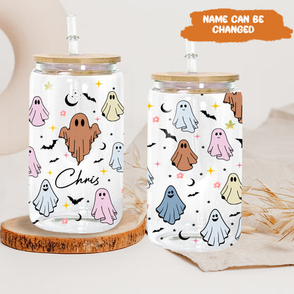 Petthouse | Personalized Halloween Ghost Glass Can, Cute Ghost Glass, Ice Coffee Cup, Spooky Season