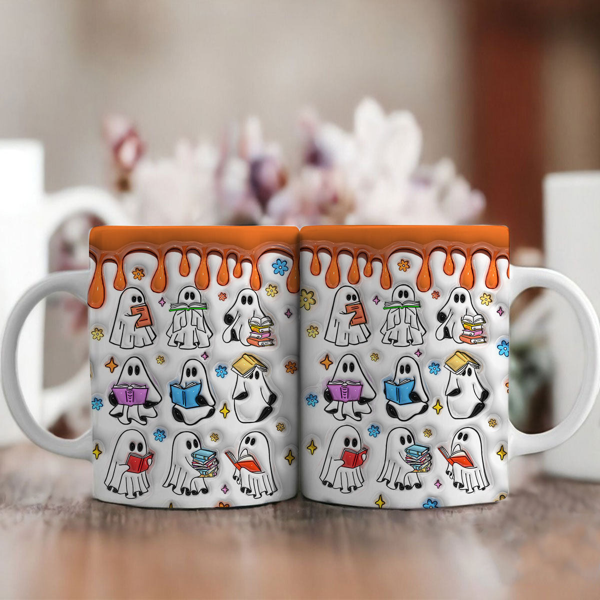 Petthouse | Ghost Reading Book 3d Inflated Mug, Halloween Spooky Reading Ghost Mug, Cute Reading Ghost