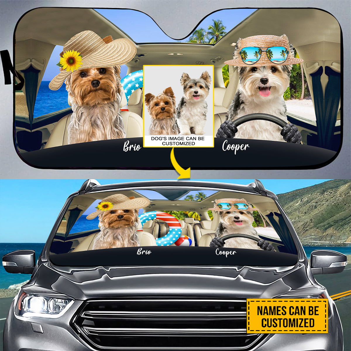 Petthouse | Yorkshire Terrier Beach Trip Car Sun Shade Windshield Customized Photo Dog Sunshade Sun Visor