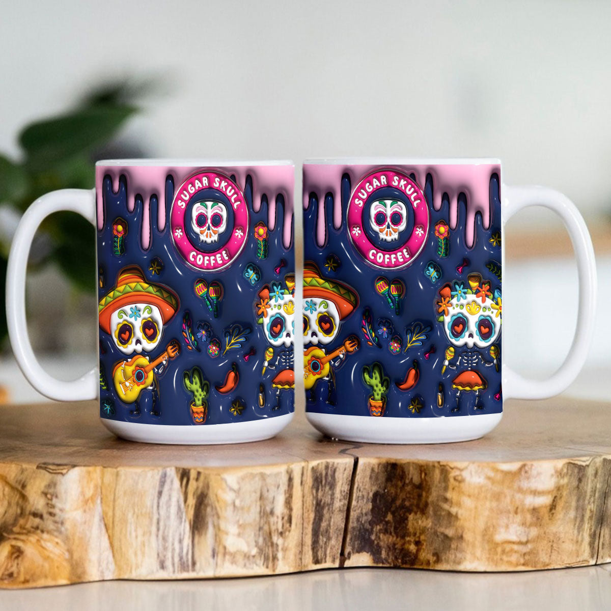 Petthouse | 3d Colorful Sugar Skull Inflated Mug, 3d Day Of Dead Puff Halloween Mug, Sugar Skull Halloween
