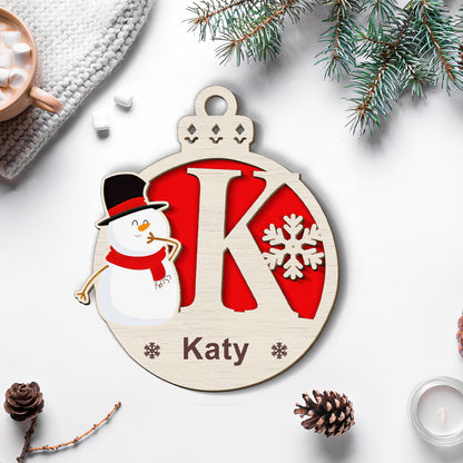 Petthouse | Personalized Christmas Balls With Name Ornament, Snowman Kids Wood Ornament, Monogram Christmas