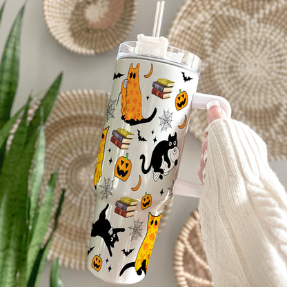 Petthouse | Halloween Ghost Cat 40oz Tumbler, Spooky Black Cat Stainless Steel Tumbler, Cat Spooky Season