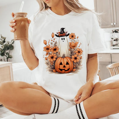 Petthouse | Cute Ghost Pumpkin T-shirt, Fall Autumn Halloween, Floral Ghost Pumpkin, Halloween Shirt