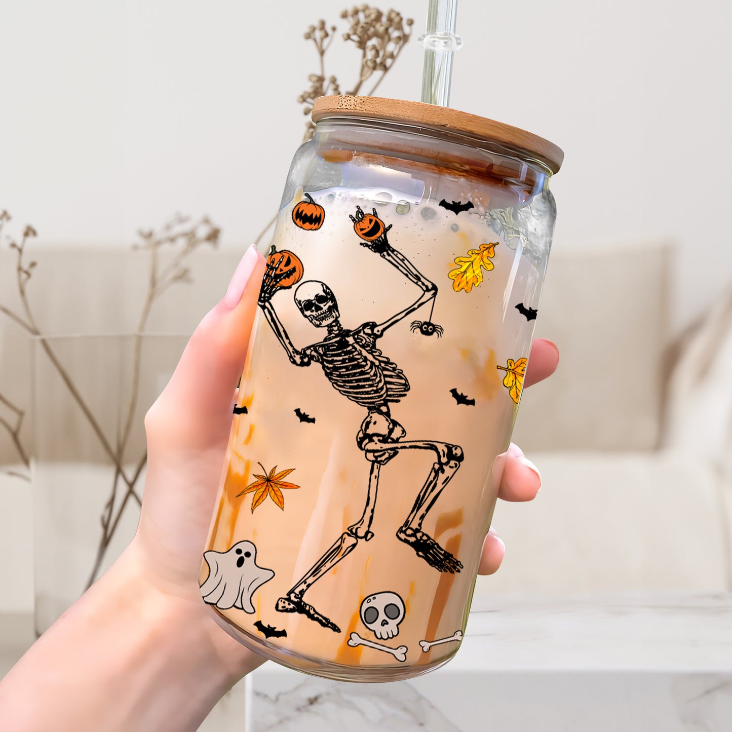 Petthouse | Personalized Halloween Dancing Skeleton Glass Can, Lover Gift Skeleton, Spooky Season Gift