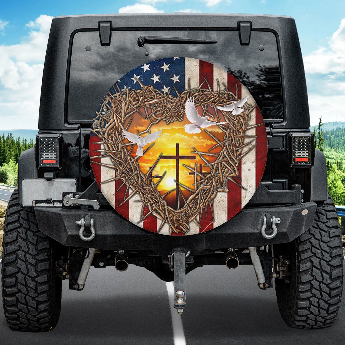 Petthouse | Jesus Cross Peaceful View Tire Protector Covers Christian Car Decor One Nation Under God Spare Tire Cover