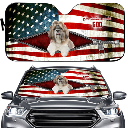 Petthouse | Dog Sunshade American Flag Windshield Cover Shih Tzu Dog One Nation Under God Car Sunshade