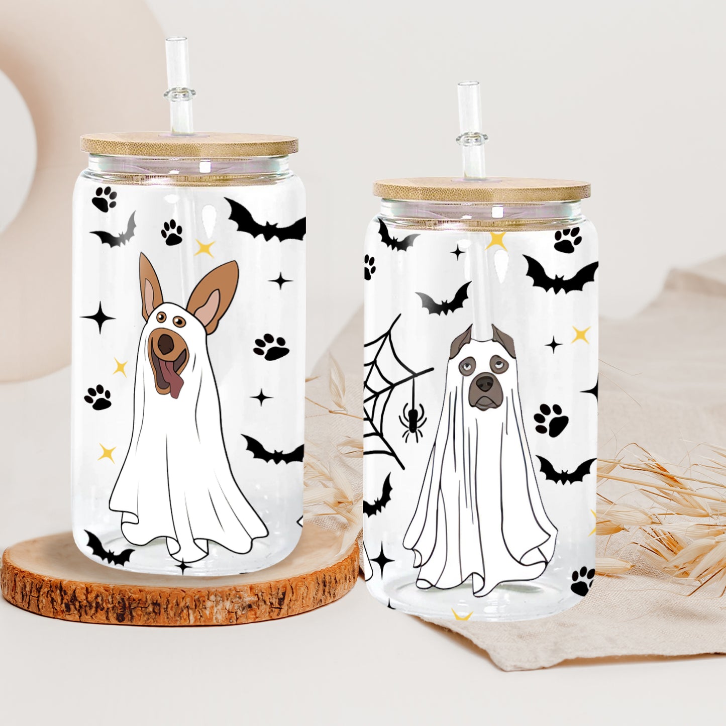 Petthouse | Cute Ghost Dog Coffee Cup, Glass Can Cup With Lid And Straw, Spooky Halloween Dogs Ghost