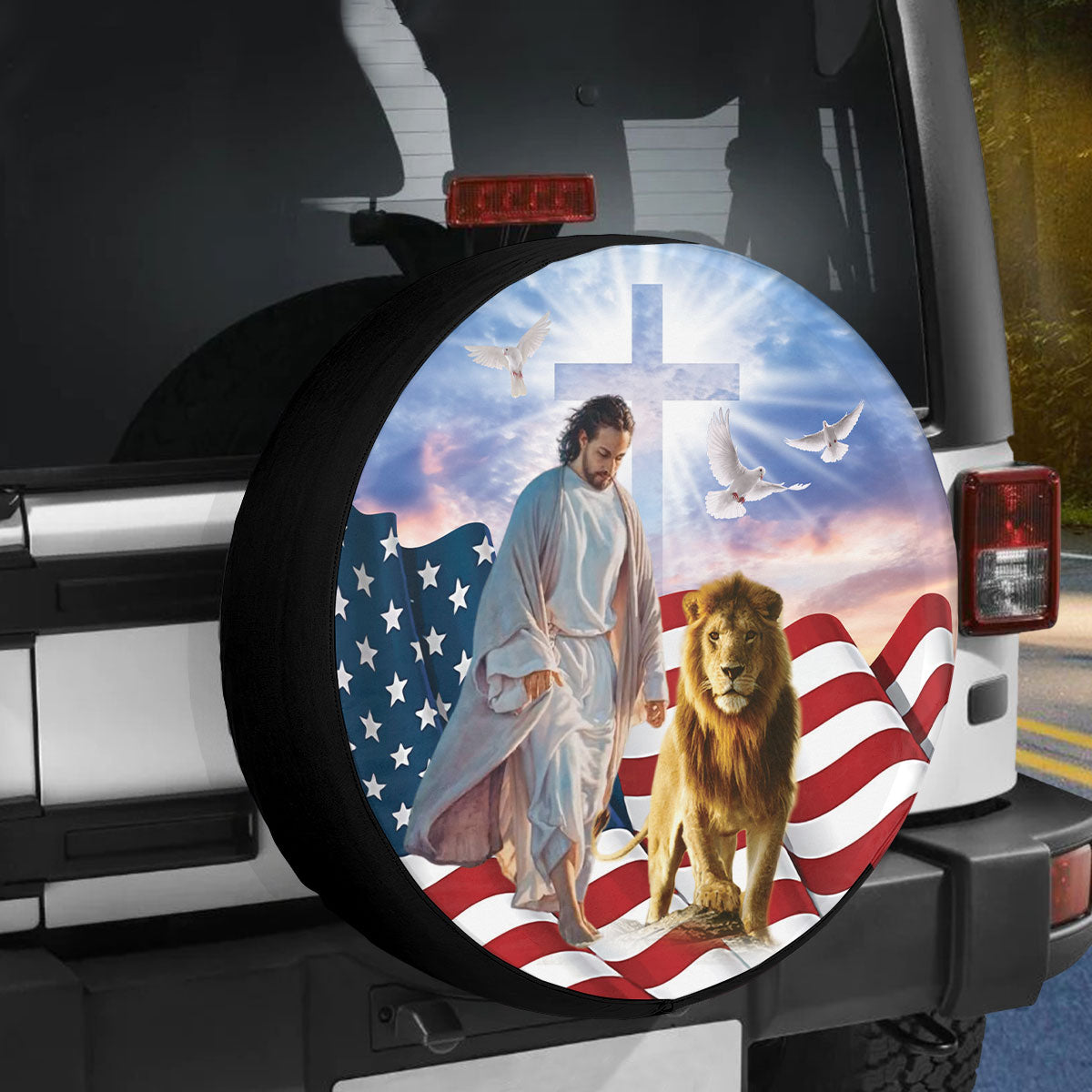 Petthouse | Jesus Lion Usa Flag Wheel Tire Covers God Believer Gifts Seasonal Tire Totes Spare Tire Cover