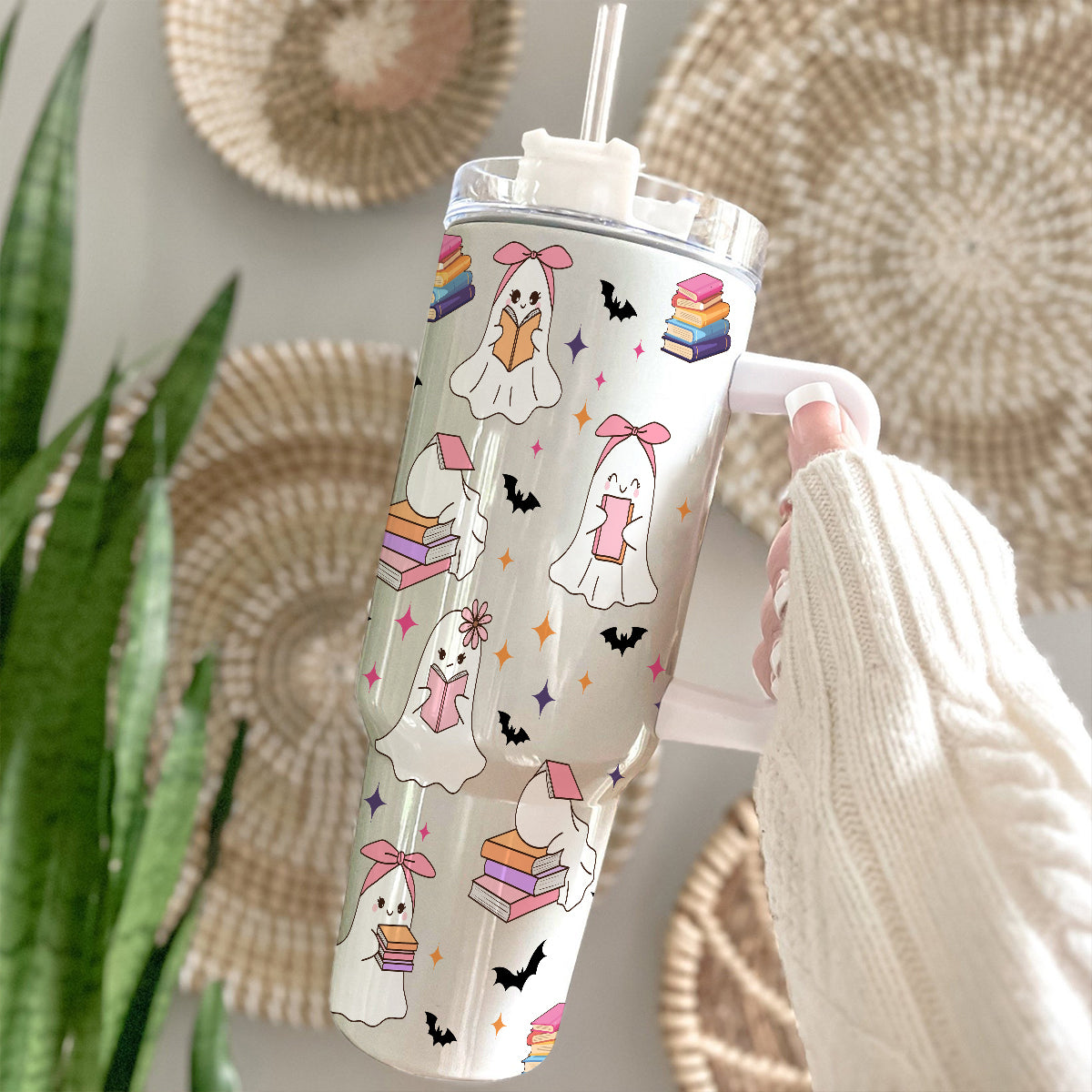 Petthouse | Cute Ghost Reading 40oz Tumbler, Halloween Bookish Tumbler, Halloween Gift For Book Lovers