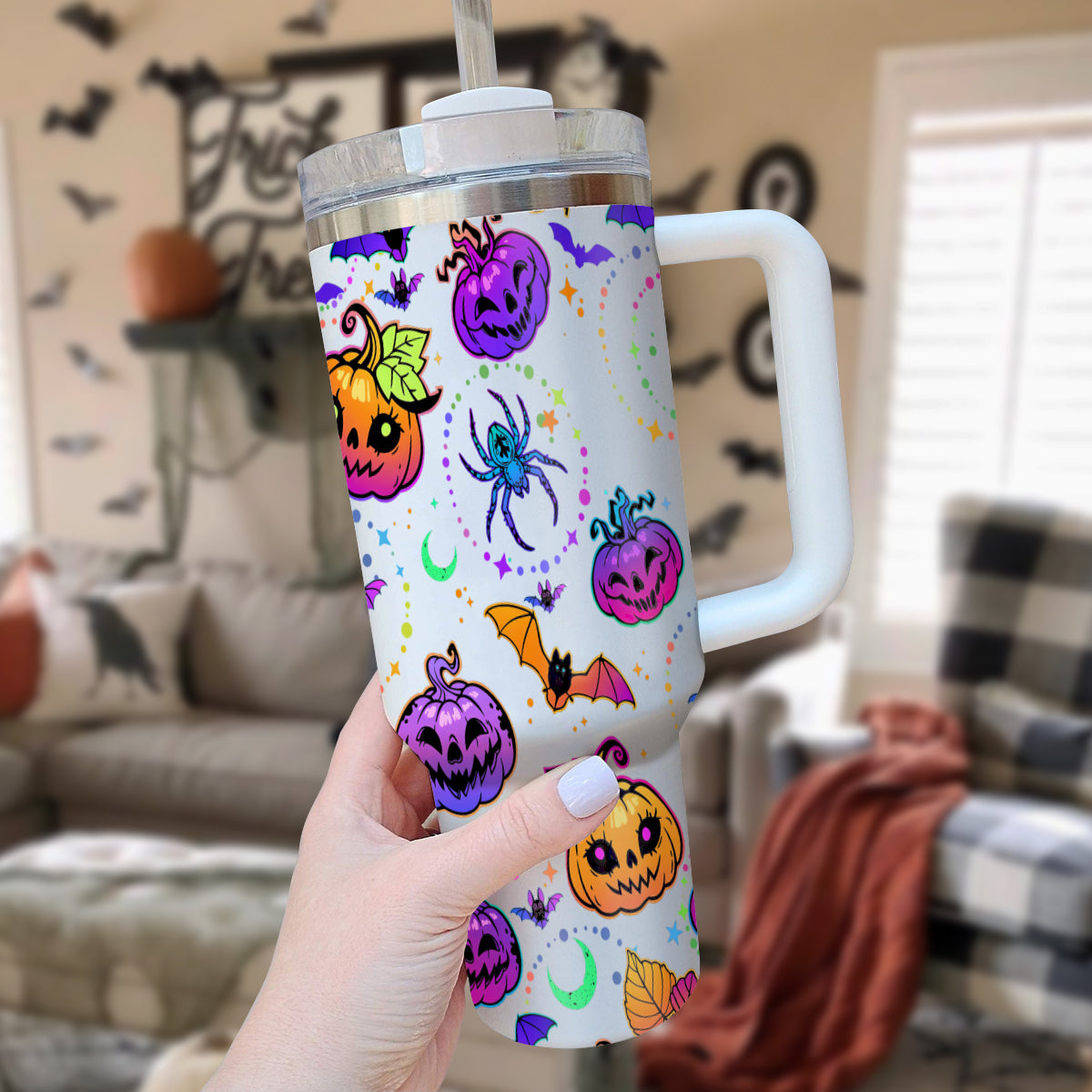 Petthouse | Bat And Pumpkin Halloween Tumbler 40oz, Spooky Tumbler, Mystic Hippie Tumbler, Cute Spooky