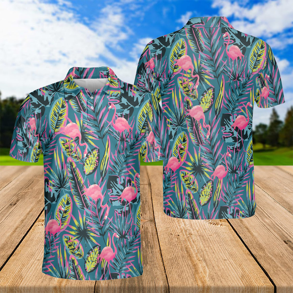 Petthouse | Flamingo With Modern Neon Tropical Polo Shirts Summer Leaves And Plants Seamless Pattern