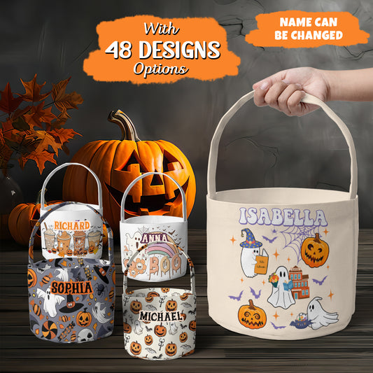 Petthouse | Personalized Cute Ghost Pumpkin Trick Or Treat Basket, Halloween Candy Bag For Kid