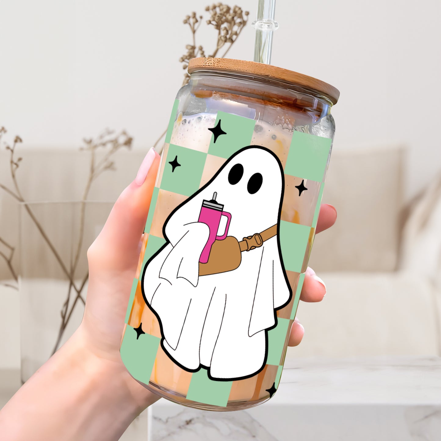 Petthouse | Ghost Halloween Glass Can, Spooky Vibes checkerboard Ghost Glass, Checkered Ghost Coffee