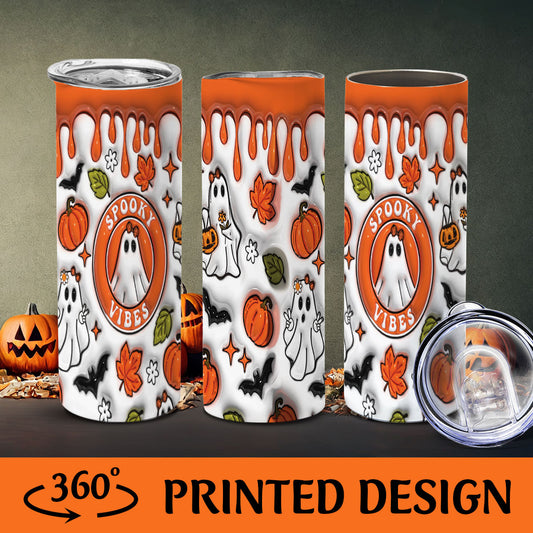 Petthouse | Halloween Spooky Vibes Skinny Tumbler, Spooky Ghost Vibes 3d Inflated Effect Tumbler, Pumpkin