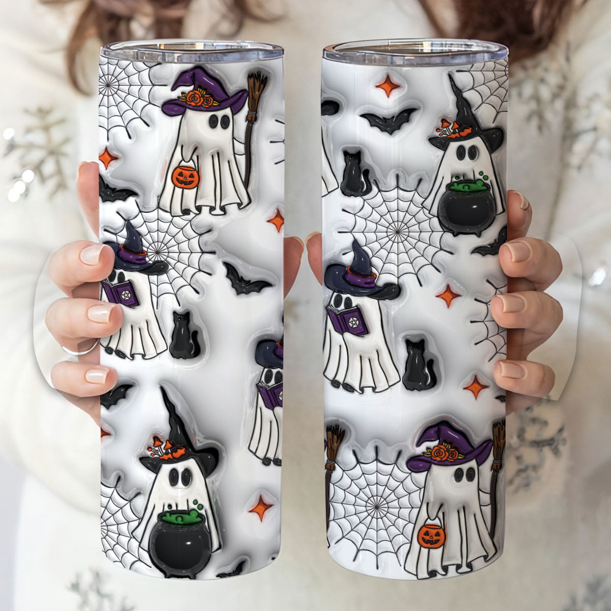 Petthouse | Halloween Ghost Skinny Tumbler, Cute Ghost 3d Inflated Tumbler, Witch Ghost, Ice Coffee Cup