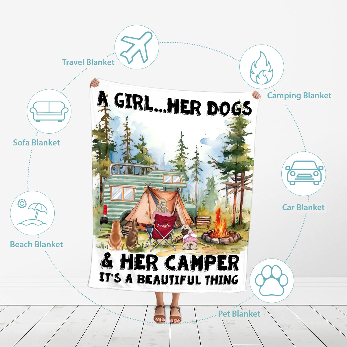 Petthouse | Personalized Girl And Her Dogs Throw Blanket, Camping Background Travel Blanket, Camping Lover Blanket