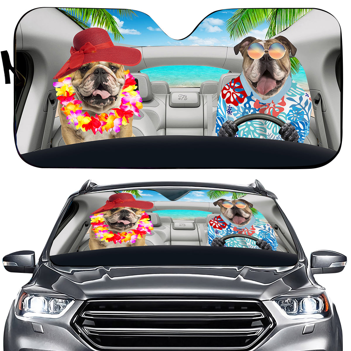 Petthouse | Bulldog Couple Driving Car Windshield Sun Shade Hawaii Summer Car Shade Front Windshield