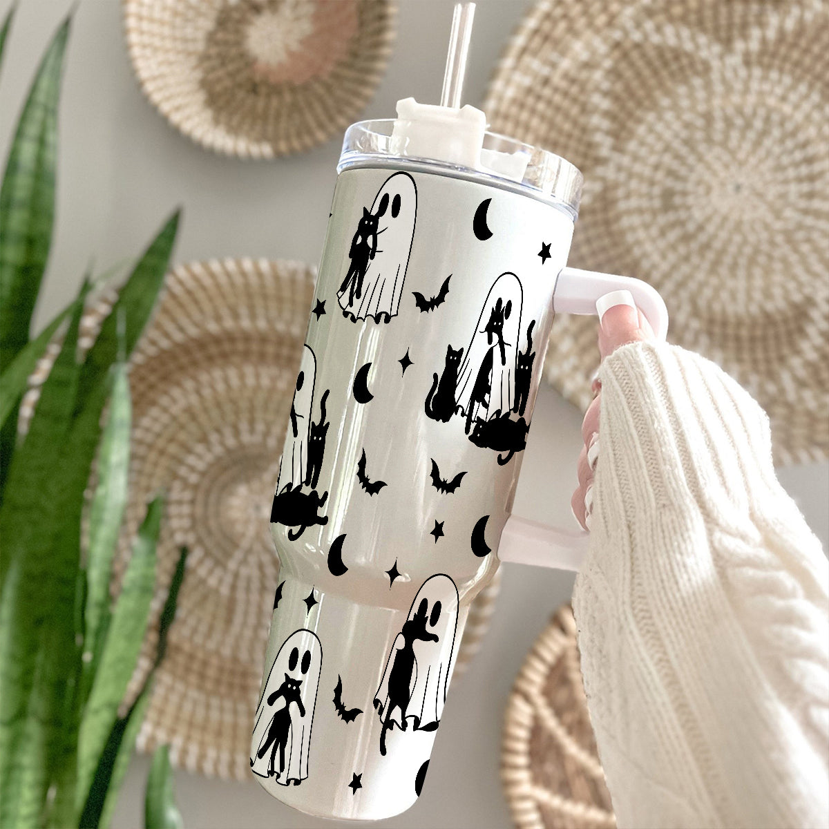 Petthouse | Cute Ghost Cat Halloween 40oz Tumbler,  Spooky Black Cat, Halloween Ghost Cat Mom Gift