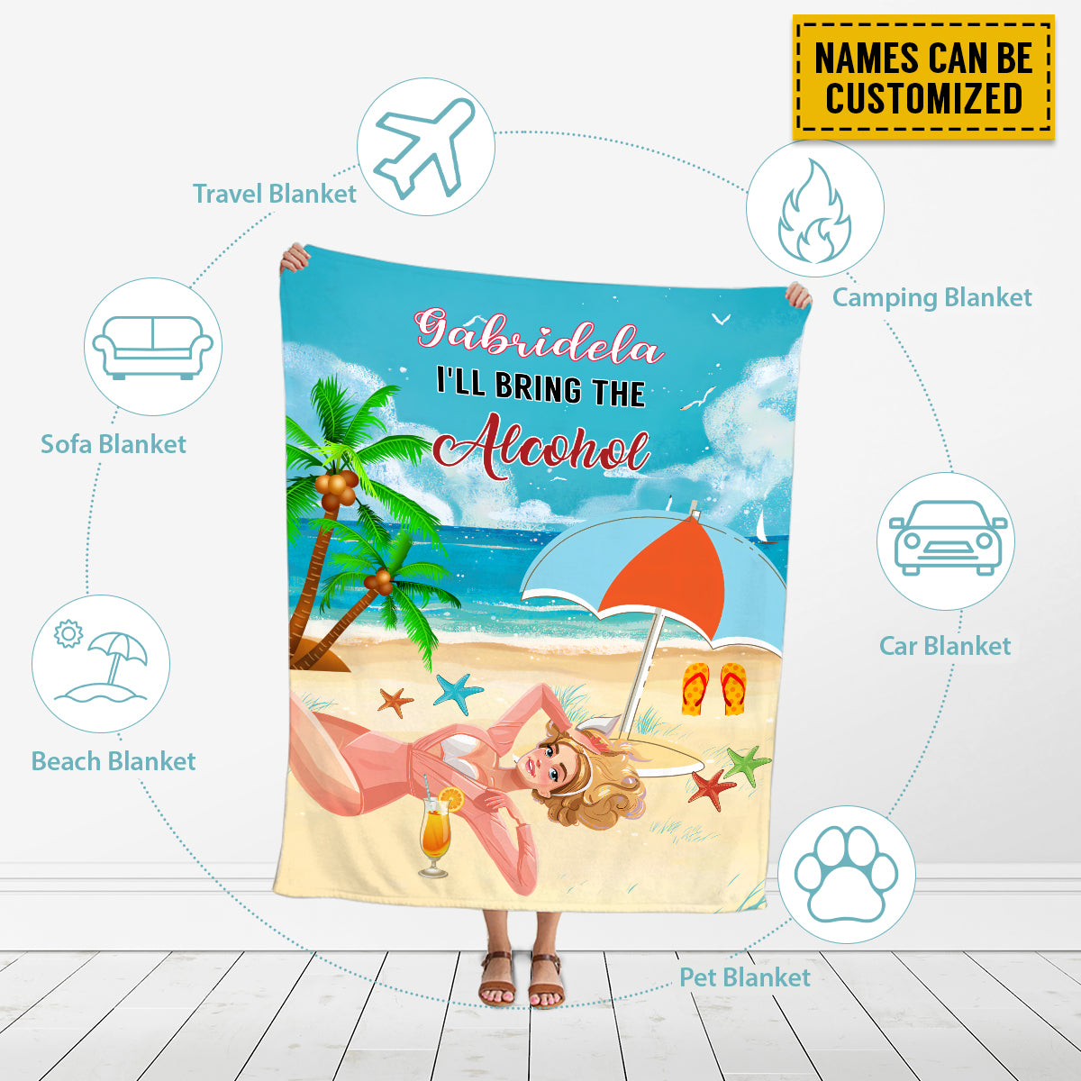 Petthouse | Personalized Name Girl On Beach Throw Blanket, I'll Bring The Alcohol Fleece Blanket, Beach Vibes Travel