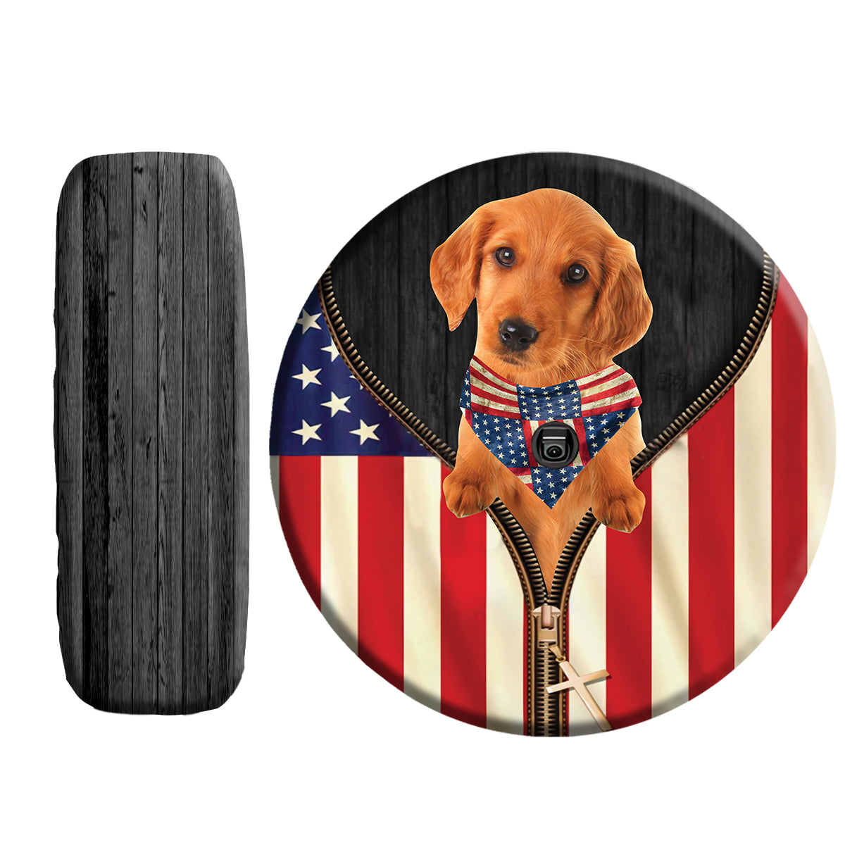 Petthouse | Customized Photo Golden Retriever Spare Tire Cover American Flag Tire Protector Patriot Theme