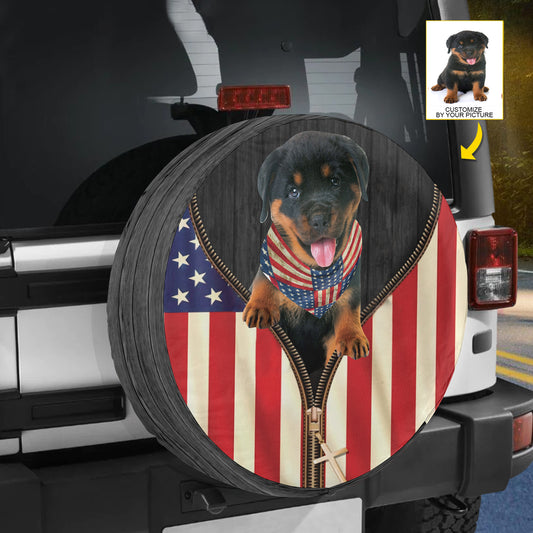 Petthouse | Wheel Cover Dog Rottweiler American Flag Spare Tire Cover Custom Photo Spare Tire Cover