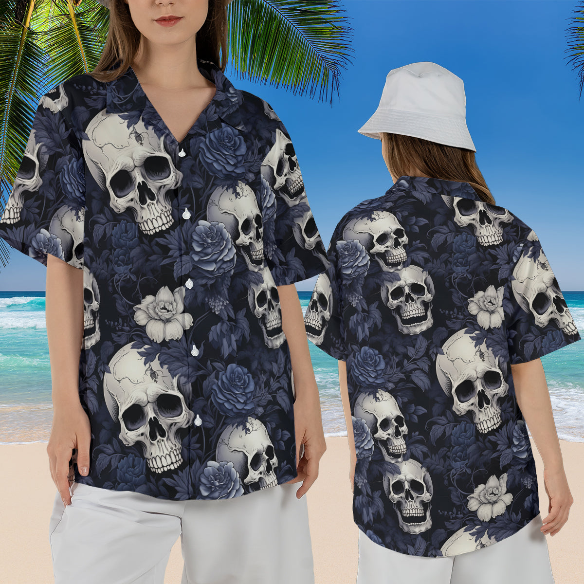 Petthouse | Skull Floral Hawaiian Shirt, Skull Summer, Skull Skeleton Tropical Floral For Beach Gift