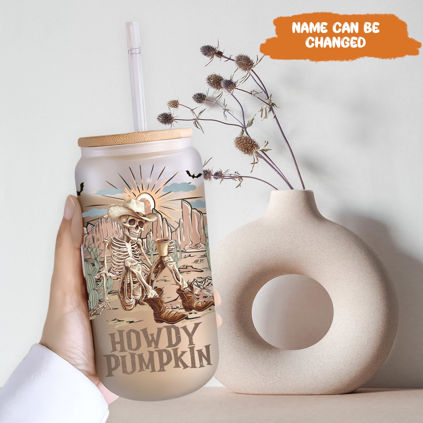 Petthouse | Personalized Skeleton Cowboy Howdy Pumpkin Glass Can, Western Cowboy Coffee Cup, Spooky Skeleton