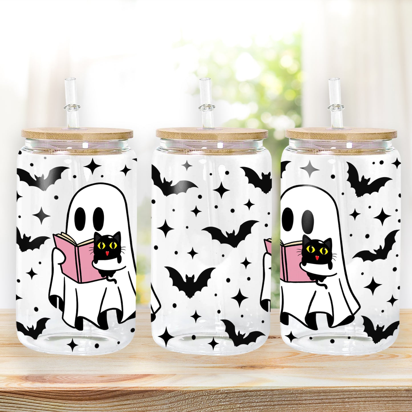 Petthouse | Cute Ghost Reading Book Glass Cup, Spooky Season, Black Cat Glass, Halloween Gift