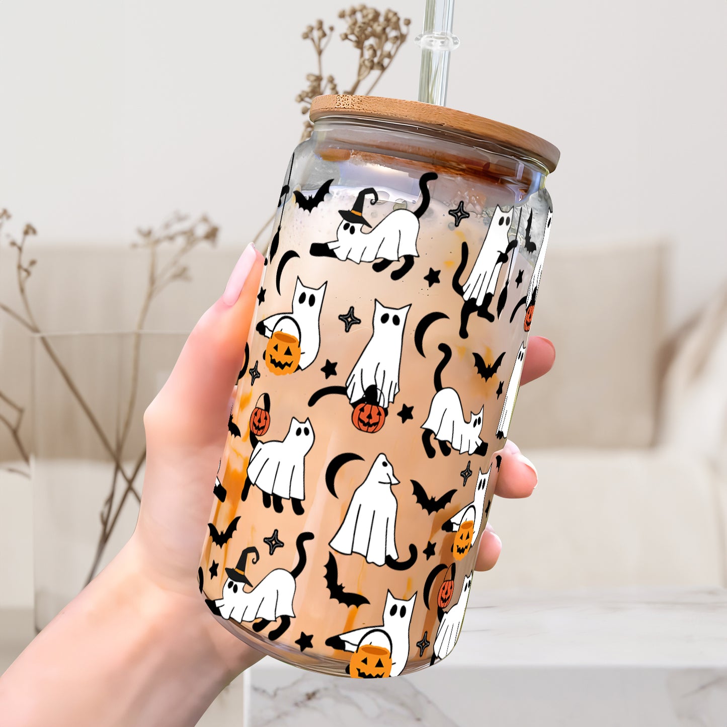 Petthouse | Ghost Cat Glass Can, Boo Ghost Cat Cup, Ghost Cat Spooky Vibes Mug, Ghost Cat Coffee Mug