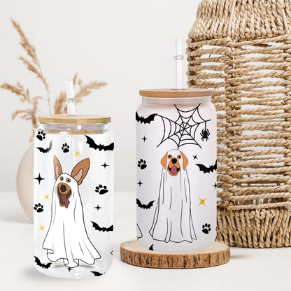 Petthouse | Cute Ghost Dog Coffee Cup, Glass Can Cup With Lid And Straw, Spooky Halloween Dogs Ghost