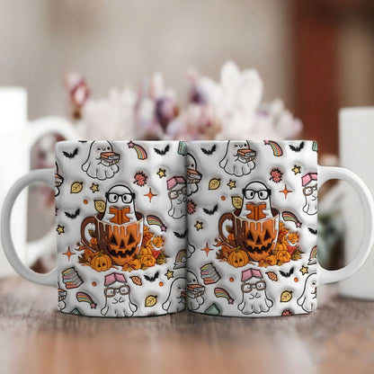 Petthouse | Bookish Ghost Pumpkin Inflated 3d Mug, Ghost Book Halloween Autumn Vibes, Ghost Reading Book