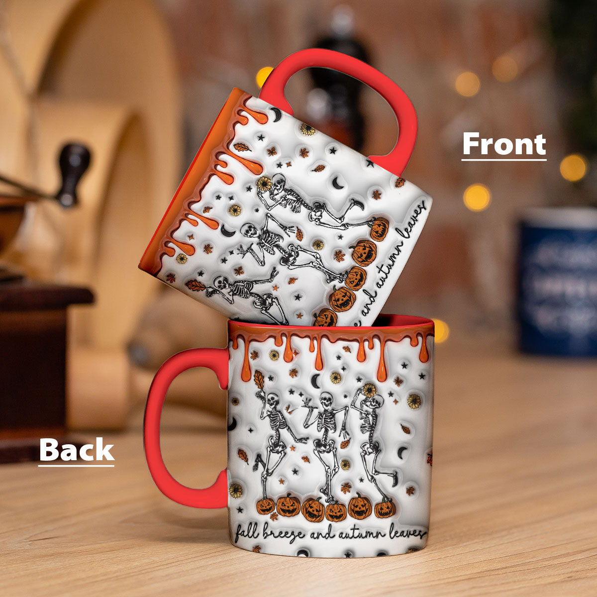 Petthouse | Skeletons Fall Breeze And Autumn Leaves Inflated 3d Effect Mug, Spooky Dancing Skeletons