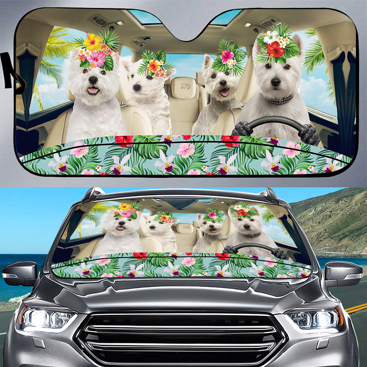 Petthouse | Westie Dog Hawaii Car Sun Shade Windshield Dog Sunshade Summer Dog Vacation Sun Visor