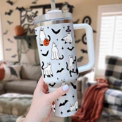 Petthouse | Ghost Cat 40oz Tumbler, Spooky Cat Ghost, Halloween Ghost Black Cat Stainless Steel Tumbler