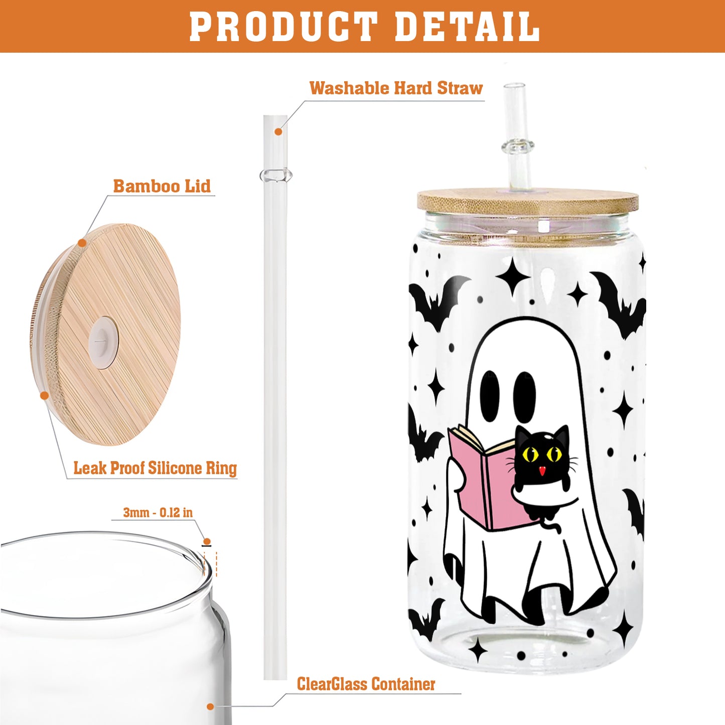 Petthouse | Cute Ghost Reading Book Glass Cup, Spooky Season, Black Cat Glass, Halloween Gift