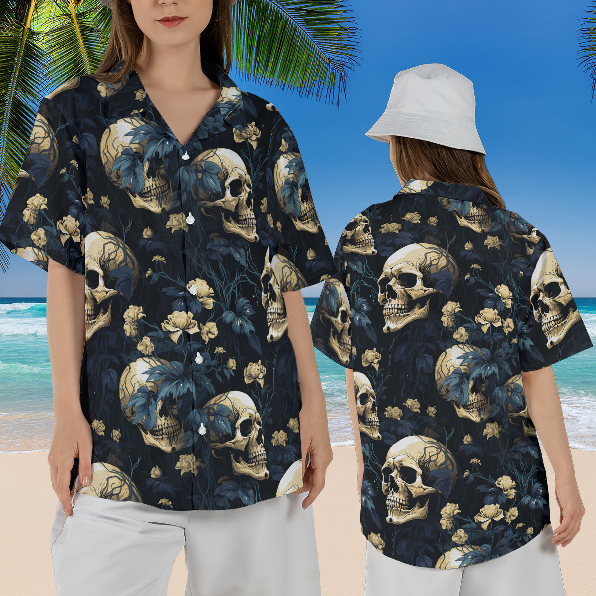 Petthouse | Skull Floral Hawaiian Shirt, Skull Summer, Skull Skeleton Tropical Floral For Beach Gift