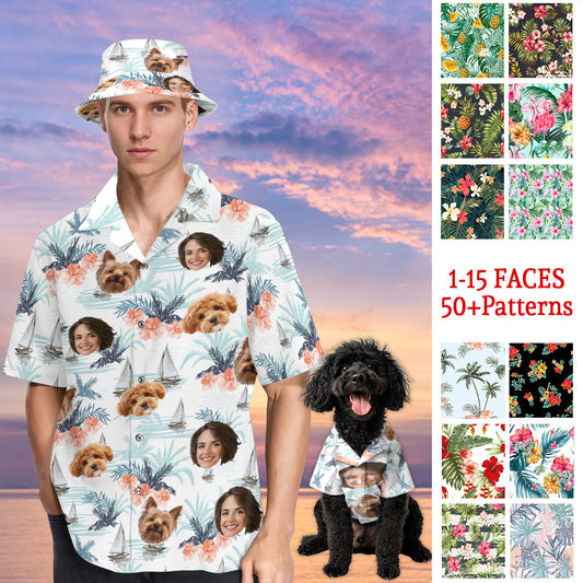 Petthouse | Custom Photo Hawaiian Shirt Dog Cat Face Holiday Tropical Pattern For Family Party Gift