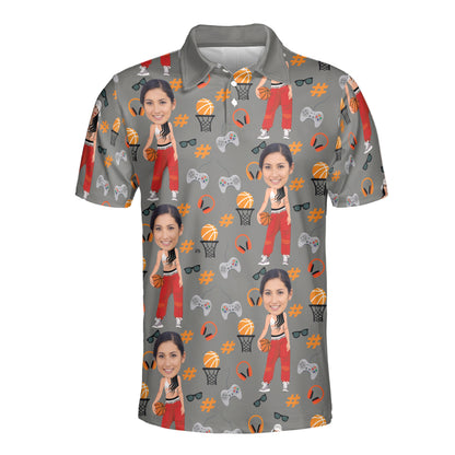 Petthouse | Personalized Picture Female Basketball Player Pattern Seamless Polo Shirt Basketball Lover Sport Shirt