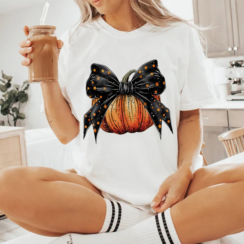 Petthouse | Halloween Pumpkin Coquette Bow Shirt, Coquette Stars Bow Shirt, Autumn Pumpkin Bow