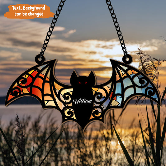 Petthouse | Custom Name Halloween Bat Gothic Suncatcher, Dark Academia Decor, Spooky Bat, Gothic Bat