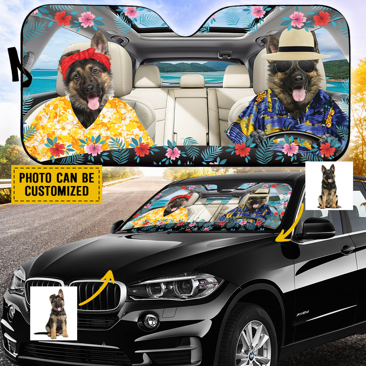 Petthouse | German Shepherd Hawaiian Car Sun Shade Windshield Custom Photo Windshield Cover For Dog Lover