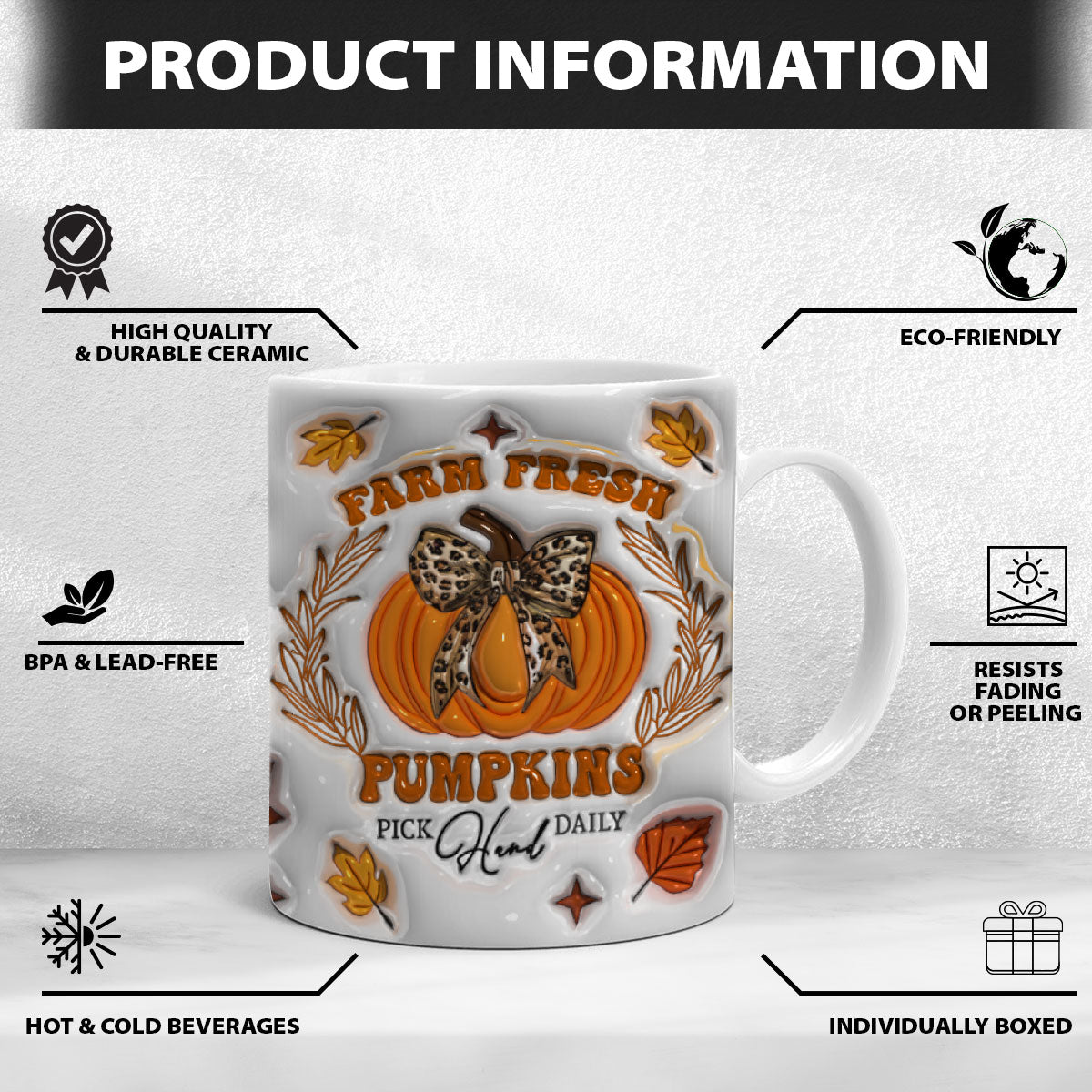 Petthouse | Farm Fresh Pumpkins Hand Pick Daily Mug, Pumpkin 3d Inflated Effect Mug Fall Autumn Gift